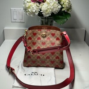 Coach Willow Bucket Tan and Red Heart Print Shoulder Crossbody Bag EUC + Dusty